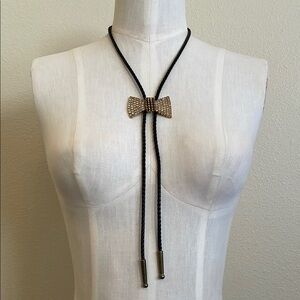 Vintage Rhinestone Bow Bolo Tie Necklace White & Black Rhinestones in Gold tone